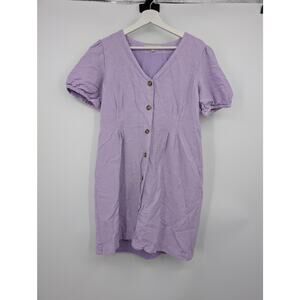 Loft Linen Blend Women's 10 Button Up Puff Sleeve Dress Purple Beachy Career